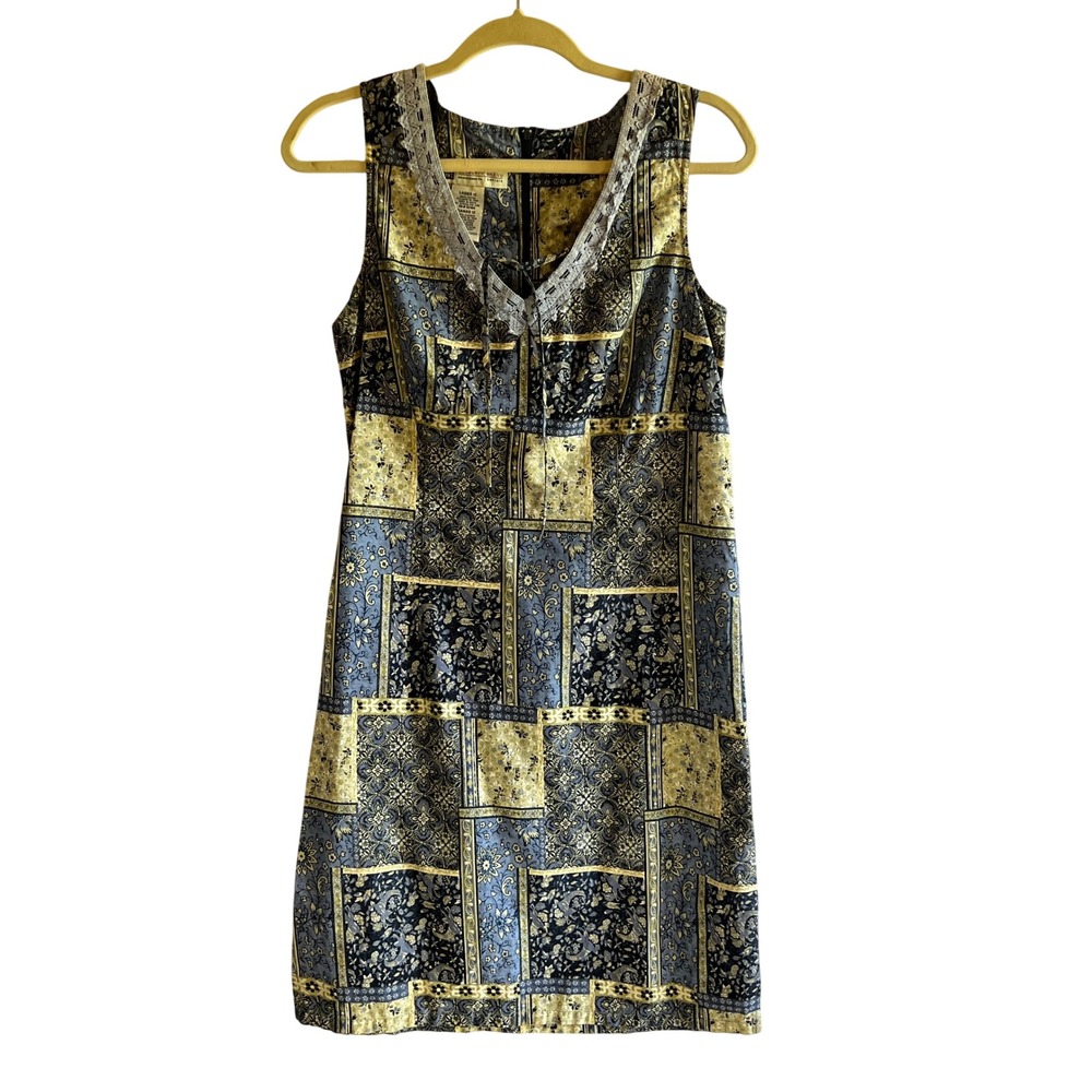 Deadstock Vintage Faded Glory Cottage Blue Patchwork Floral Cotton Dress Size 12